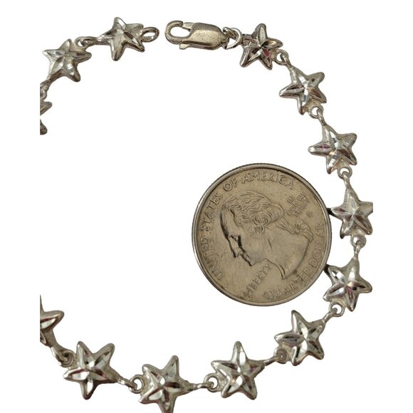 Sterling Silver Lobster Clasp Stars Chain Link Bracelet, 7.75" Long E715 - Picture 5 of 8
